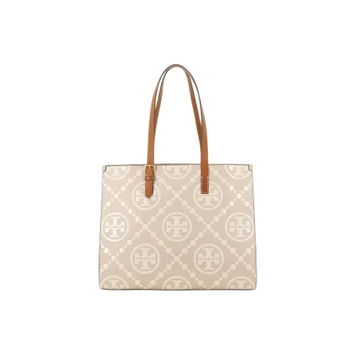 Tory Burch T Monogram Кожа Тоут Сумка Сумка для покупок Сумка Сумка через плечо Женская Longan Коричневый Кремовый Белый