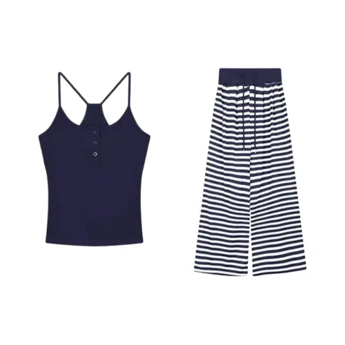 Dippanis Темно-синий синий топ на бретелях + штаны, женский повседневный костюм