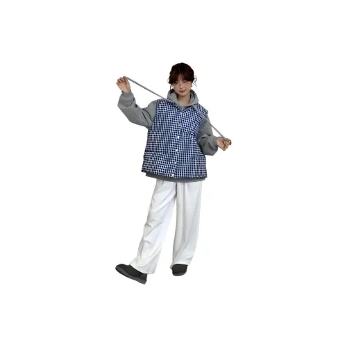 ETSE Синий Клетка Хлопковый пуховик Жилет Женские пуховики (пуховики)