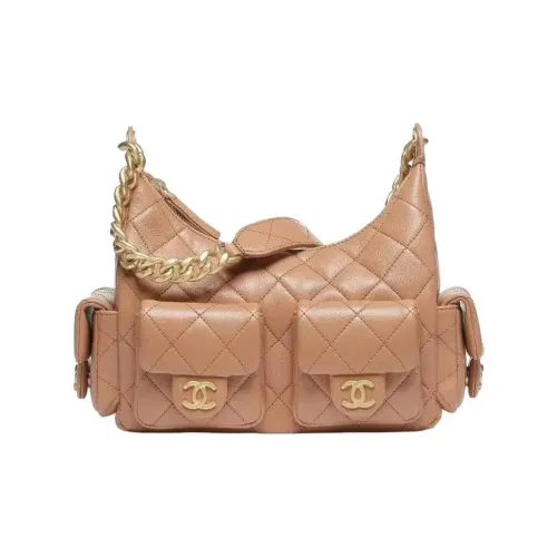 CHANEL Полированная овечья кожа и золото металлическая сумка Hippy сумка через плечо большая женская CAMEL