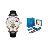 Розовый корпус с белым циферблатом, черный кожаный ремешок (коробка + ремешок + гарантия)