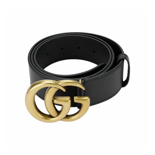GUCCI Однотонный Double G Label Золото Smooth Clasp Кожаные ремни Мужской Черный Ширина 4CM