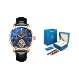 Розовый корпус, синий циферблат, черный кожаный ремешок (коробка + ремешок + гарантия)