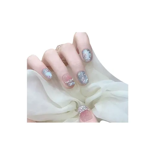 T Z Роскошь Премиум Feel Шампанское Кошачий глаз False Nail Миндаль MID Длина Заостренный Ледяной Чай Синий Смужка Flashing