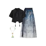 Черный короткий рукав топ + черно-синяя китайская юбка с узором "конское лицо" + ожерелье, комплект одежды