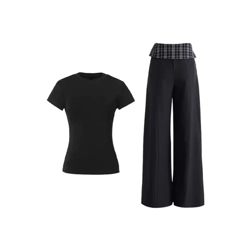 NFV Черный топ + Черные штаны Женские Повседневные костюмы