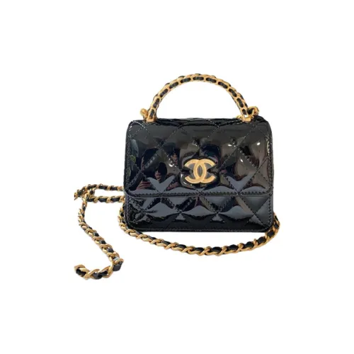 CHANEL 22K Осенний и Зимний Лакированная Кожа Ручка Сумка Сумка Kelly Сумка на Плечо Сумка через Плечо Маленькая Женская Черная