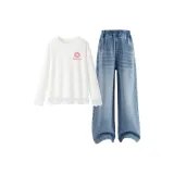 Di F Маленький цветок Белый + Однотонный Джинсовый Светло-Синий