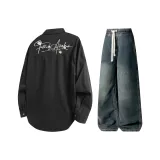 Комплект (черный топ+винтажные синие брюки)