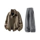 Кофейное пальто + серо-синие штаны