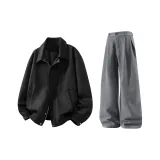 Чёрное пальто + серо-синие штаны