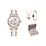 Розовое золото, белый циферблат, керамика, ремешок [подарочная коробка, комплект + браслет + ожерелье]