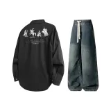 Комплект (черный топ+винтажные синие брюки)