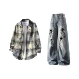 Синяя рубашка в клетку с длинными рукавами + синие штаны