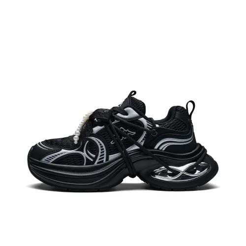 KAPPA Спина к Спине Поддержка Увеличение Высоты Низкий Топ Толстая подошва Кроссовки Женские Черный Серебряный