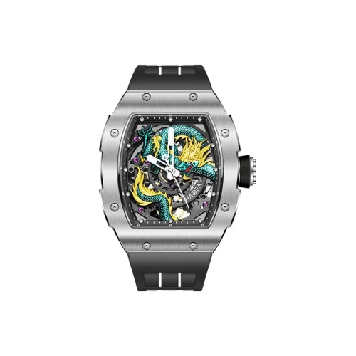 HaofaTourbillon Arknights Series Механический механизм Резиновый ремешок Часы Мужские Часы Череп Циферблат