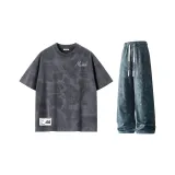 Gray T-Shirt + Black Tie-Dye Casual Pants  
Серый футболка + черные повседневные штаны с узором тай-дай