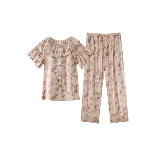 ZumashL S85187# Короткий рукав Рубашка и Штаны Летний Lychee Розовый Женские Пижамные комплекты