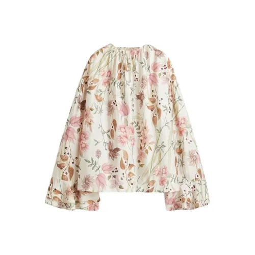 H M Light Beige Floral Women's Shirts H M Светло-бежевый Цветочный Женские Рубашки