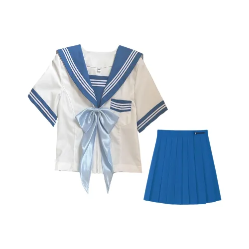 SHENBEI JK Королевский синий Трёхкомпонентный комплект Короткий рукав топ + короткая юбка + Blue Ribbon арочный женский комплект с юбкой