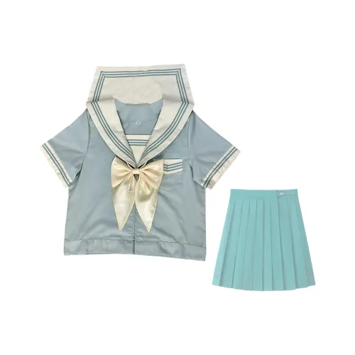 SHENBEI JK Мятно-зеленый THREE Пуговица Короткий Рукав+Короткая Юбка+Абрикосовый Желтый Длинный Ухо Узел Женские Комплекты с Юбкой