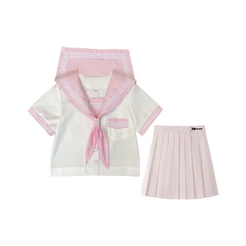 SHENBEI JK Розовый Белый THREE Пуговица Короткий Рукав+Розовый Шарф+Розовый Пуговица Женские Юбка Комплект