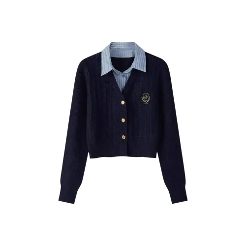 Mu Qingqing Темно-синий Воротник поло Mock Два предмета Трикотаж Свитшот Женские Свитшоты