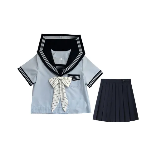 SHENBEI JK Светло-синий THREE Пуговица Короткий Рукав+Темно-синий Короткий Юбка+Белый Гороховый Узор Женский Комплект с Юбкой
