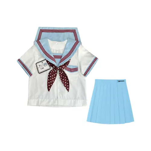 SHENBEI JK Водяной красный THREE BOOK Короткий рукав + Юбка + Красный гороховый узор Золотая рыбка Узел Женские Комплекты с юбкой