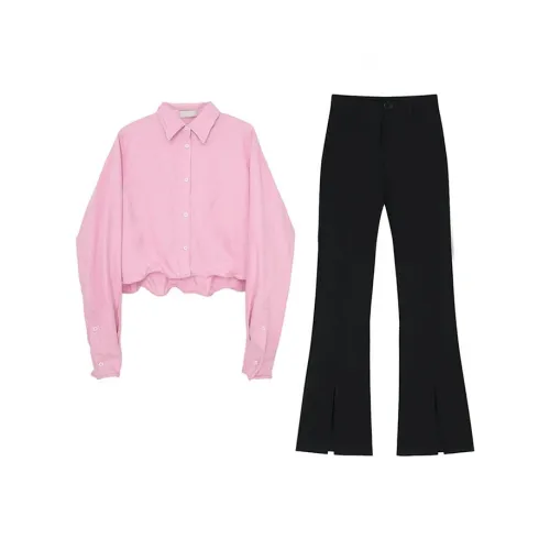MARIE·COCO Pink Shirt + Pants Women's Casual Suits MARIE·COCO Розовая Рубашка + Брюки Женские Повседневные Костюмы