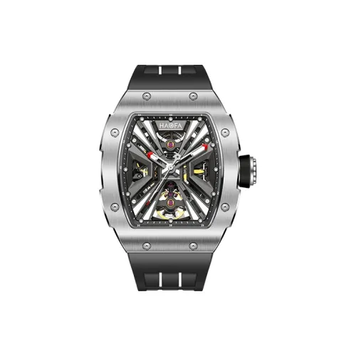 HaofaTourbillon Механический механизм Резиновый ремешок Часы Мужские Серебристый циферблат