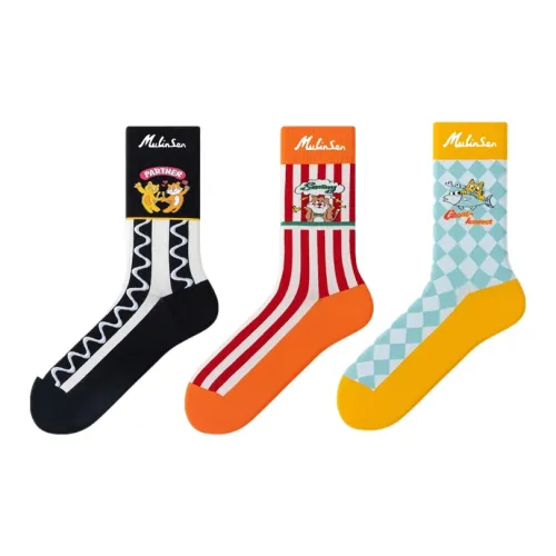 Mulinsen [3 упаковки] Черный + Красный с полосами + Синий Check Унисекс Носки до икры MID