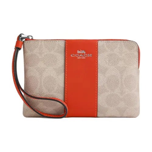 COACH Corner Zip Покрытый холст с кожаными вставками Клатч Маленький Женский Песочный и Темно-оранжевый
