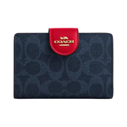 COACH Corner Zip Подпись Покрытый холст Кошелек Средний Женский Синий и Красный