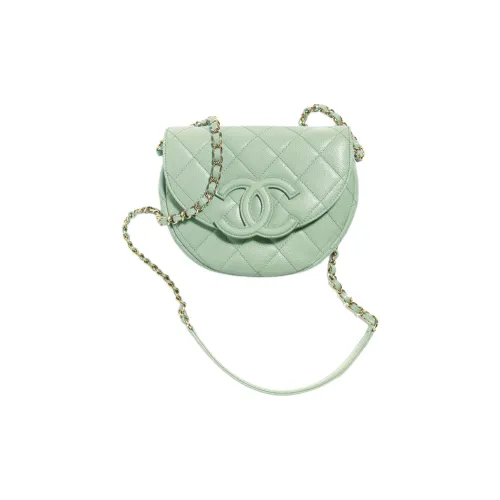 CHANEL Рельефная Телячья Кожа Курьерская Сумка Полумесяц Сумка Сумка с Клапаном Седельная Сумка Сумка через Плечо Мини Женская Зеленая