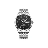 Серебряный корпус с черным циферблатом, стальной браслет.