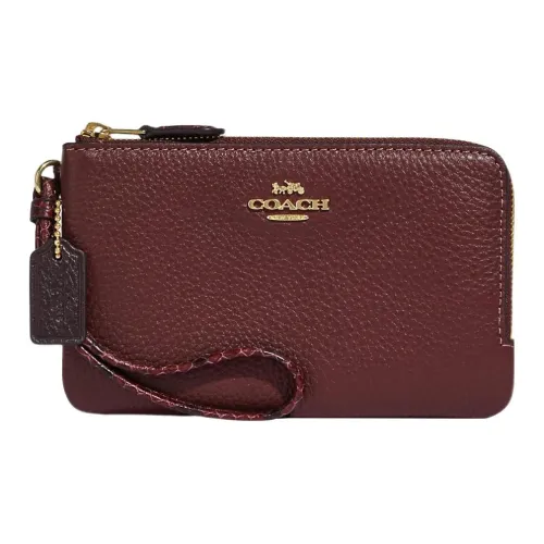 COACH Corner Zip Змеиный принт Тисненый Утонченный Галечная кожа Клатч Кошелек Запястье Сумка Маленький Женские Бургунди