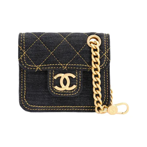 CHANEL Деним Чехол для наушников Украшение Монета Кошелек Женские Черный
