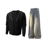 Чёрный топ + жёлтые грязные джинсы