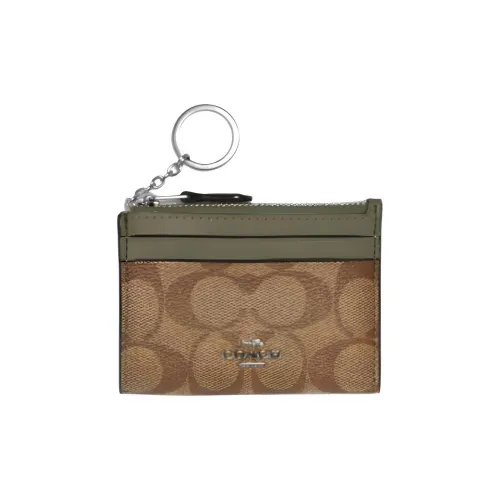 COACH Mini Id Skinny Пэчворк из кожи с PVC Key Pouch Держатель для карт Мини Унисекс Оливково-зеленый Коричневый с монограммой
