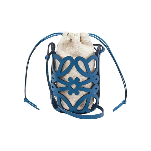 LOEWE Anagram Basket Корова Кожа с Холстом Ведрообразная Сумка Сумка через плечо Женская Школа Синий