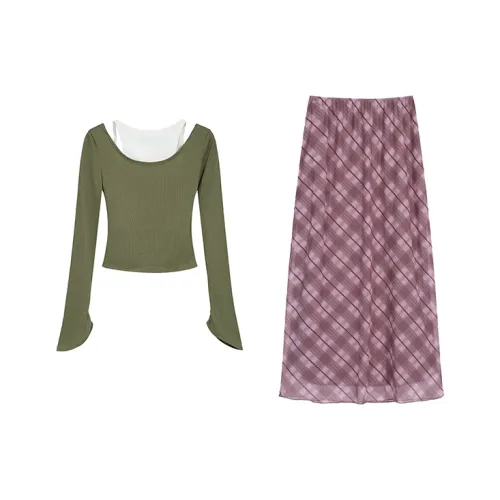 ONNFB Зеленый Топ + Розовый Клетчатый Платье Женские Комплекты с Юбкой