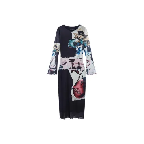 Desigual Многоцветные Женские Длинные Платья с Длинными Рукавами