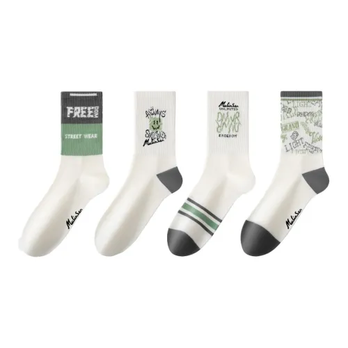 Mulinsen [4 пачки] Серый Зеленый Цветовые блоки + Улыбающееся лицо + Sock Тело Белый + Светлый Унисекс MID Носки до икры