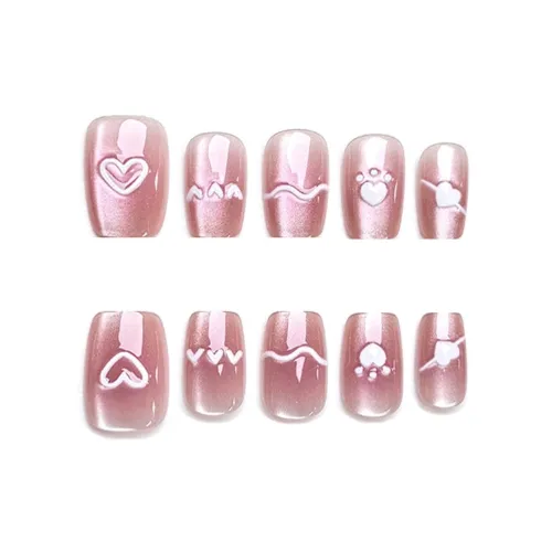 Yun Yue Joe Нежно-розовый Кошачий глаз Прозрачный Мягкий Милый Свидание False Nail Короткий LADDER Розовый Однотонный Кошачий глаз