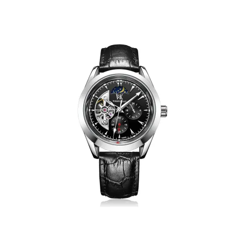 WSK Автоматический Механический Механизм Естественная Кожа Ремешок Часы Мужские Черный Циферблат