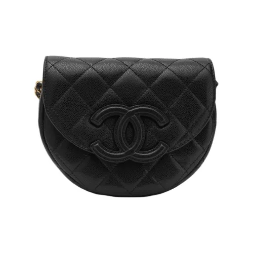 CHANEL Личий зернистая кожа Коровья кожа Полумесяц Сумка Сумка с клапаном Седельная сумка Сумка через плечо Маленькая Унисекс Черная