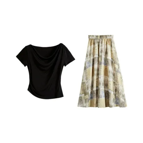 SLLSKY Абрикос с Желтой Цветочной Юбкой Женские Комплекты