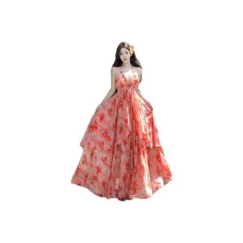 MORii Оранжевый Красный С принтом Женское Платье без рукавов