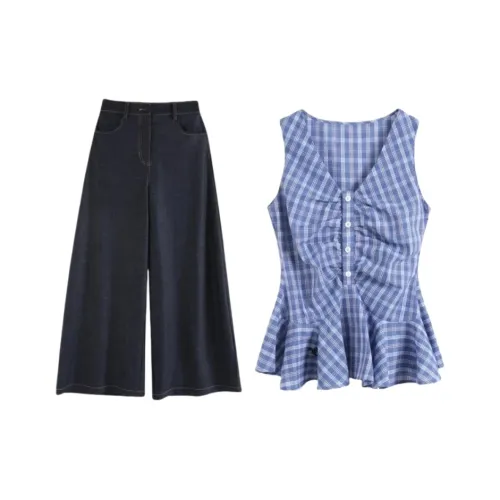 NATHANIA Синий Топ + Темно-Синие Брюки Женские Повседневные Костюмы